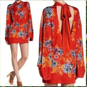 Free People Red Floral Open Back Oversized Fit Loose Dress Mock Neck
